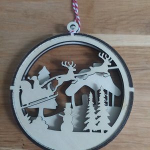 B/boule de noël 2d plate scène de noël (père noël et traineau) découpée laser