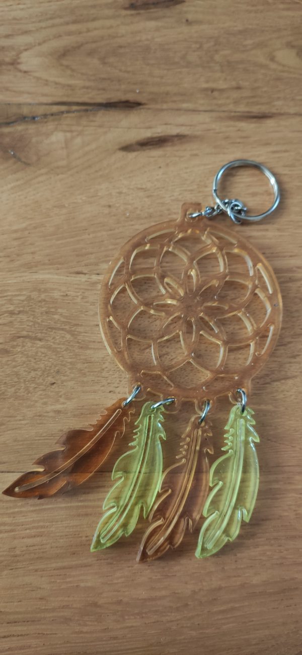 R/Porte clés attrape rêve- orange cristal- plume jaune et orange