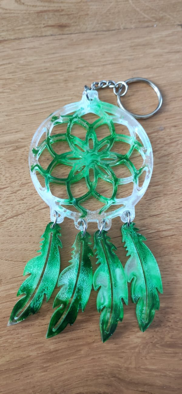 R/Porte clés attrape rêve- vert- blanc -transparent
