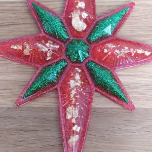 R/Flèche Etoile de noël rouge, vert pailleté et feuilles d'or