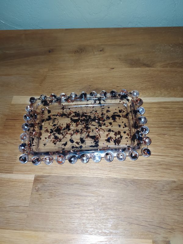 R/porte savon rectangle contour boules feuilles noires cuivrées