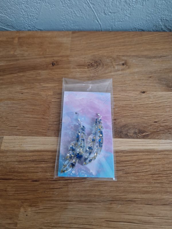 R/boucles d'oreilles en forme de plume feuilles or feuilles bleues en acier inoxydable