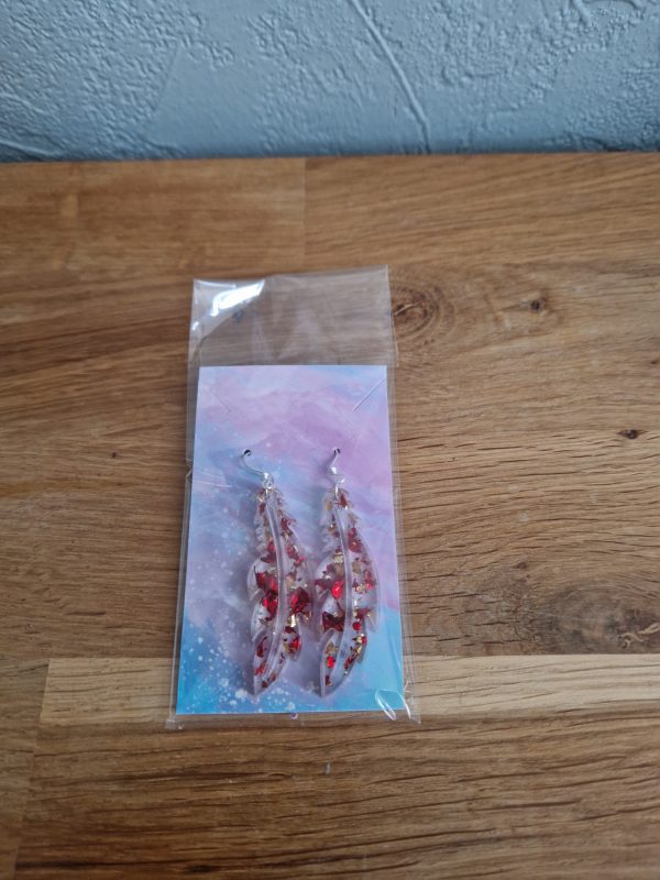 R/boucles d'oreilles en forme de plume feuilles or feuilles rouges en acier inoxydable