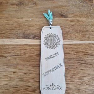 B/marque pages gravé mandala fleur de vie pompon turquoise (gravure claire)