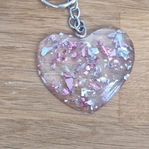 R/porte clés coeur feuilles roses feuilles argent