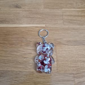 R/Porte clés grand ourson debout feuilles argent pétales de roses