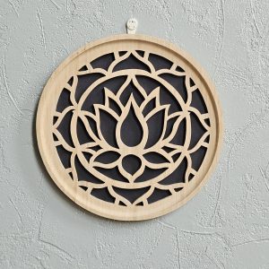 B/Cadre mural rond chantourné mandala et fleur de lotus fond noir diamètre 26