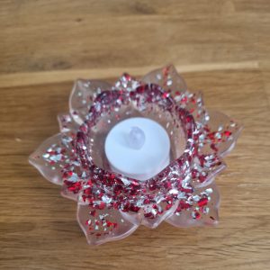 R/bougeoir transparent fleur de lotus GM feuilles d'argent feuilles rouges