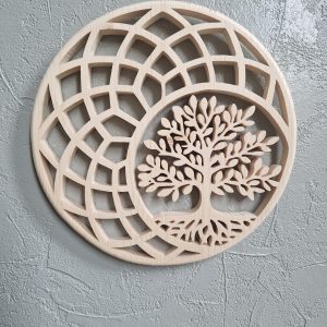 B/mandala avec arbre de vie en pin chantourné diamètre 27