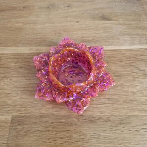 621R/bougeoir fleur de lotus GM feuilles fuchsia feuilles or feuilles violet